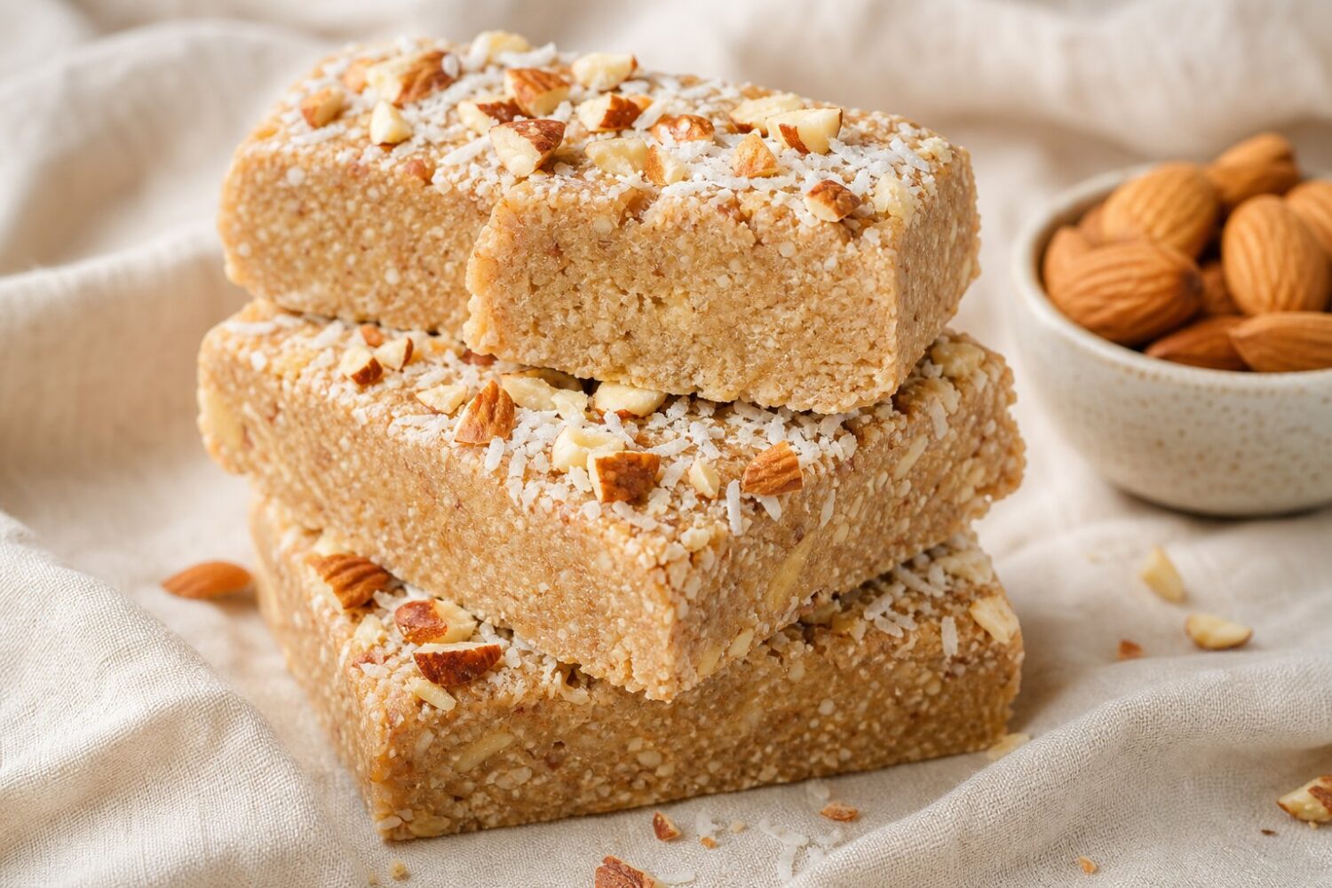 Stacked coconut almond protein bars, one cut in half