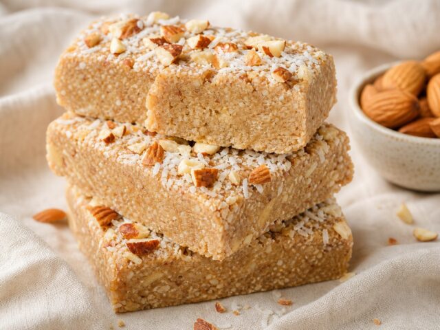 Stacked coconut almond protein bars, one cut in half