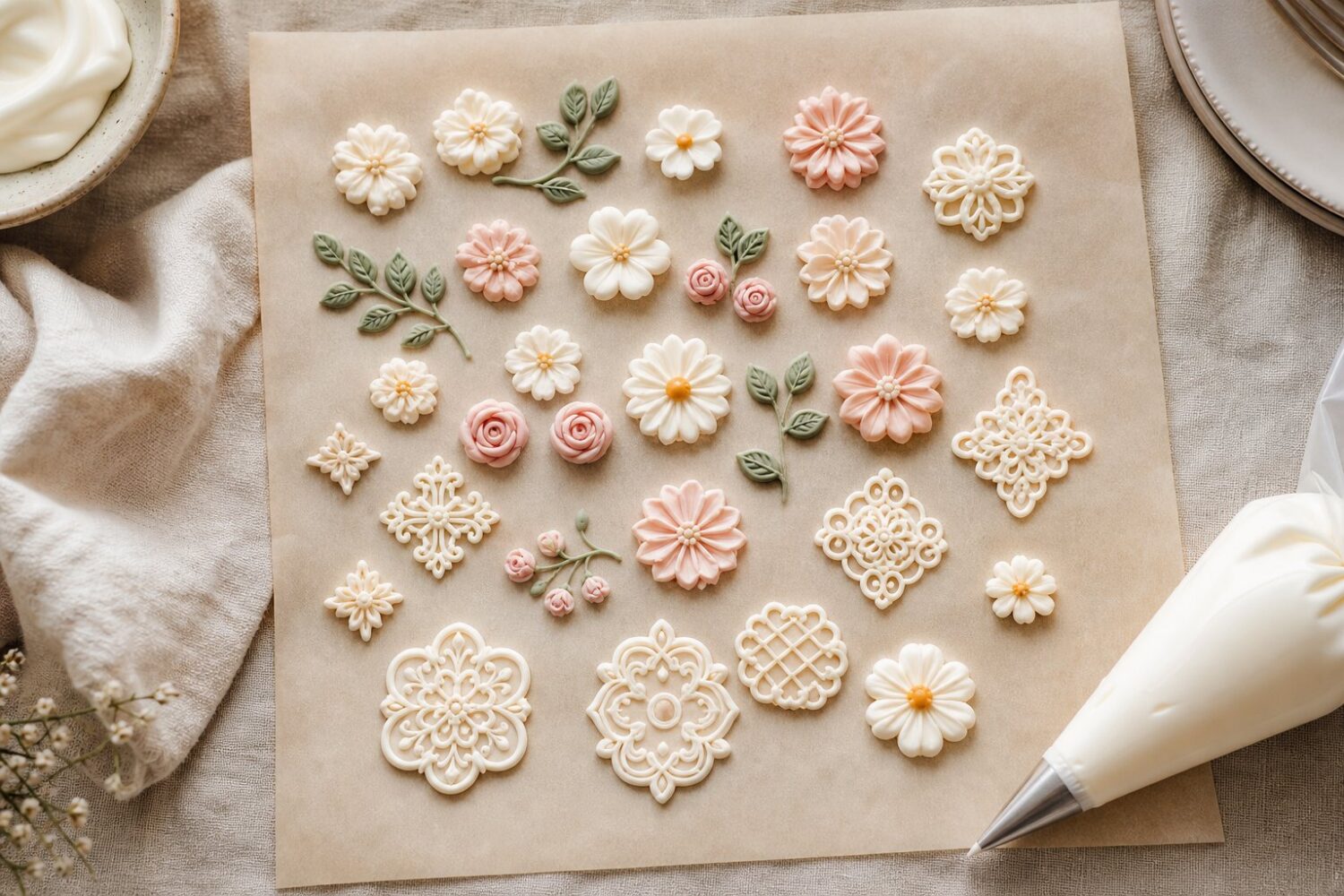 Royal icing transfers drying on parchment paper