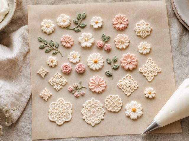 Royal icing transfers drying on parchment paper