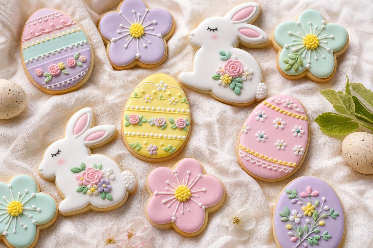 Egg, bunny, and flower shaped Easter sugar cookies with pastel icing