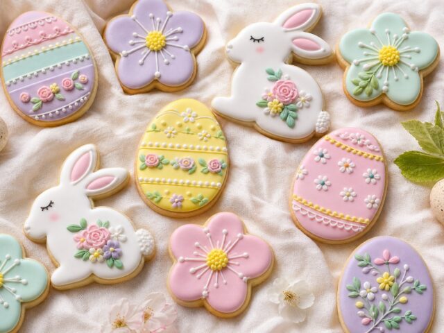 Egg, bunny, and flower shaped Easter sugar cookies with pastel icing