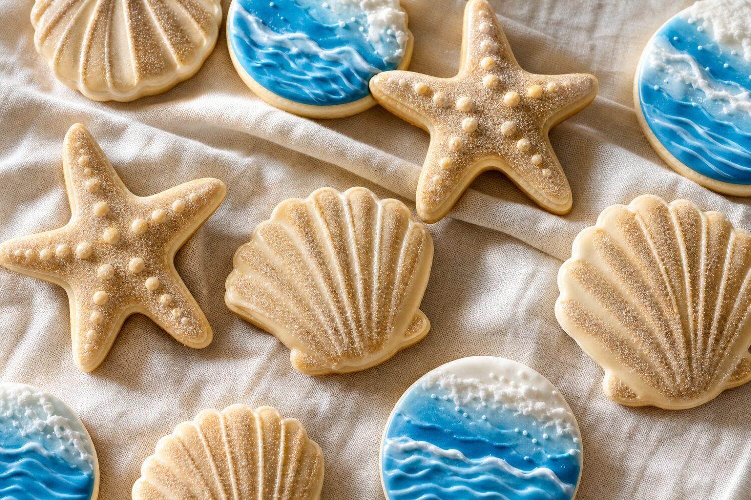 Seashell and starfish sugar cookies with sandy-textured icing