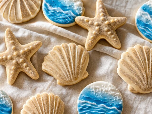 Seashell and starfish sugar cookies with sandy-textured icing
