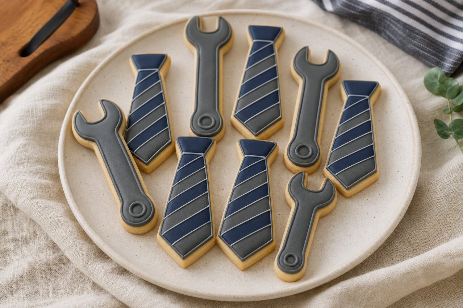 Necktie and wrench shaped Father's Day sugar cookies