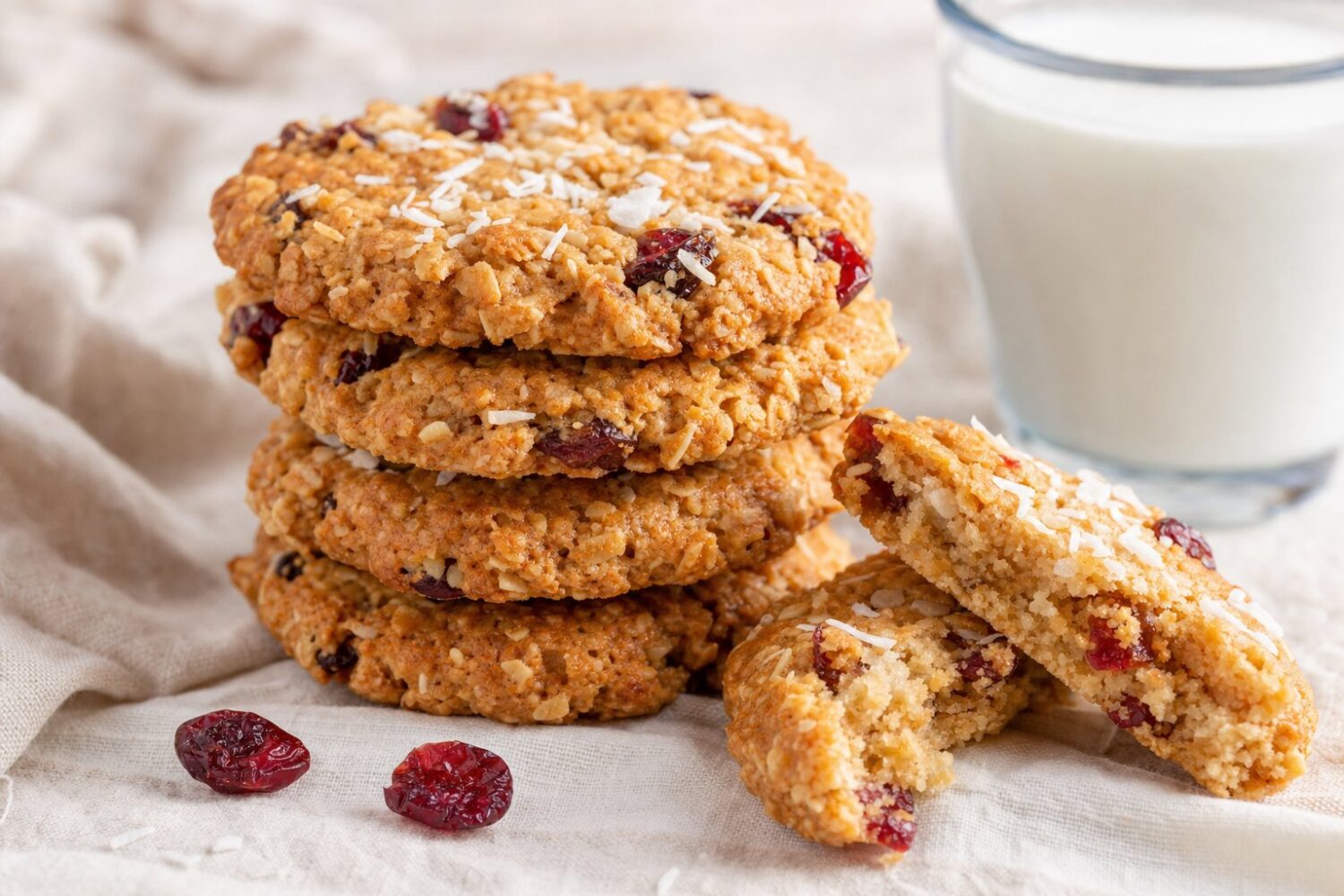 Coconut cranberry breakfast cookies, one broken in half