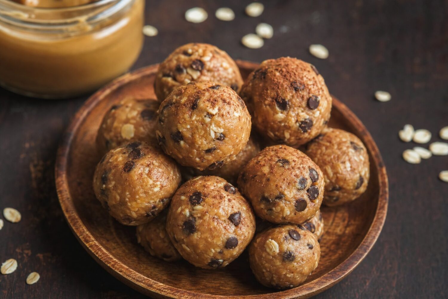 A platter of no-bake peanut butter chocolate protein bites