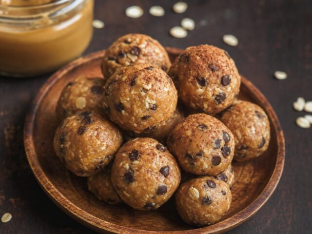 A platter of no-bake peanut butter chocolate protein bites