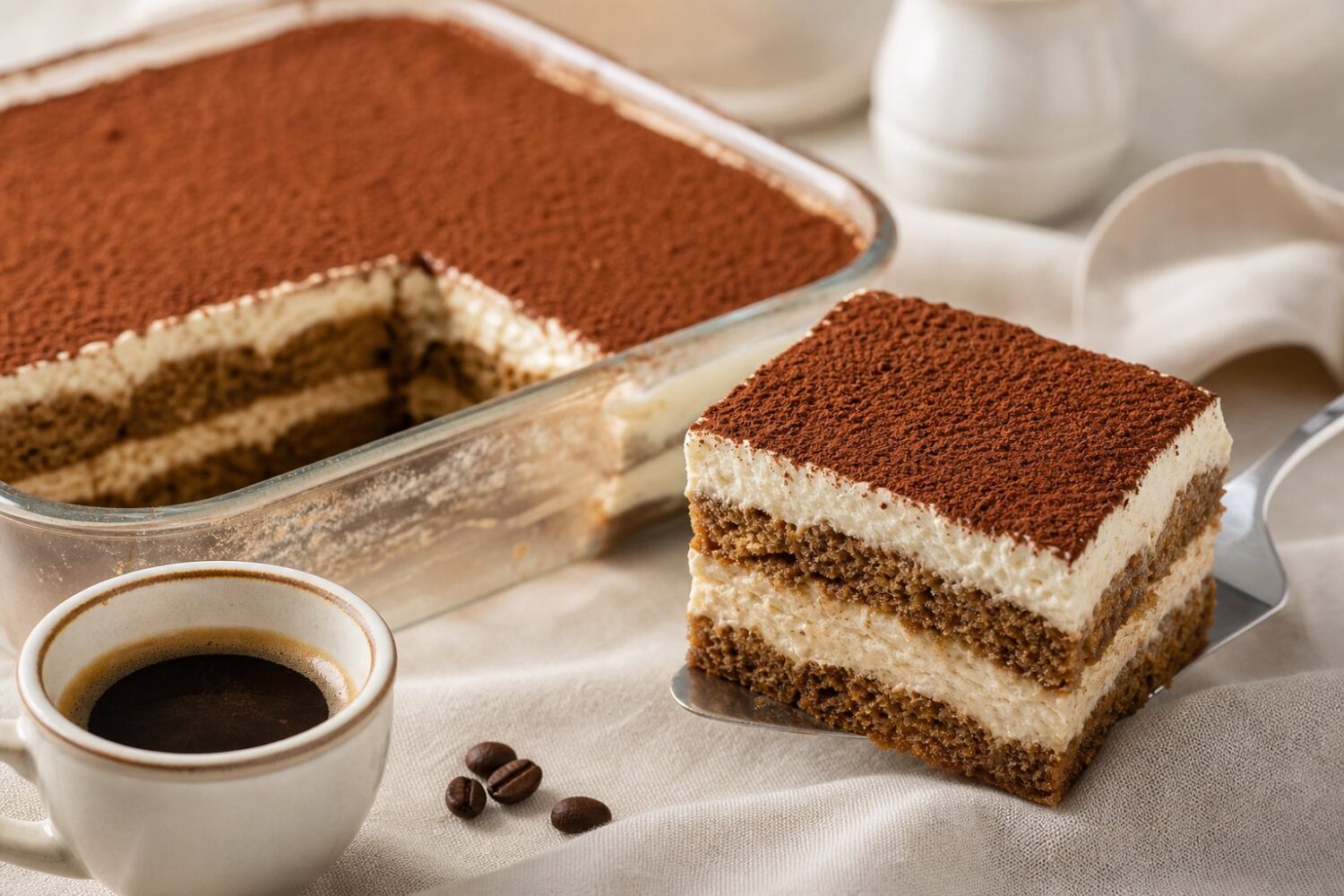 A slice of protein tiramisu cake showing espresso-soaked layers