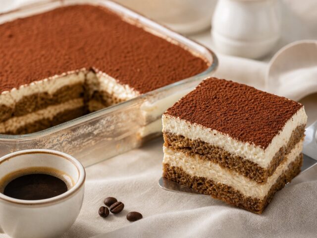 A slice of protein tiramisu cake showing espresso-soaked layers