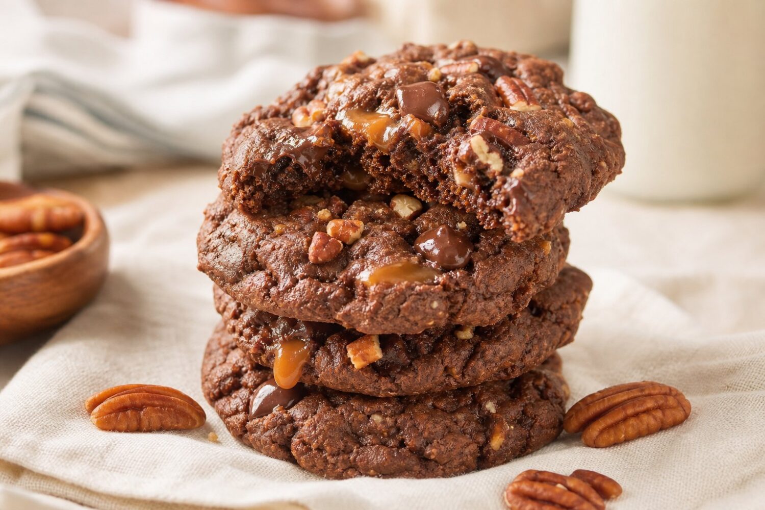 Baked chocolate turtle protein cookies with pecans and caramel