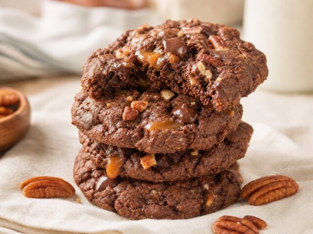 Baked chocolate turtle protein cookies with pecans and caramel