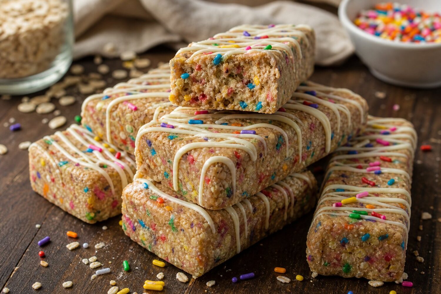 Stacked funfetti birthday cake protein bars with rainbow sprinkles