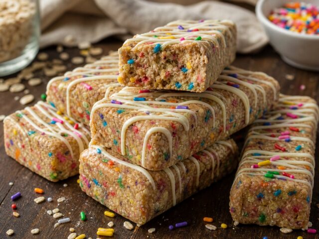 Stacked funfetti birthday cake protein bars with rainbow sprinkles