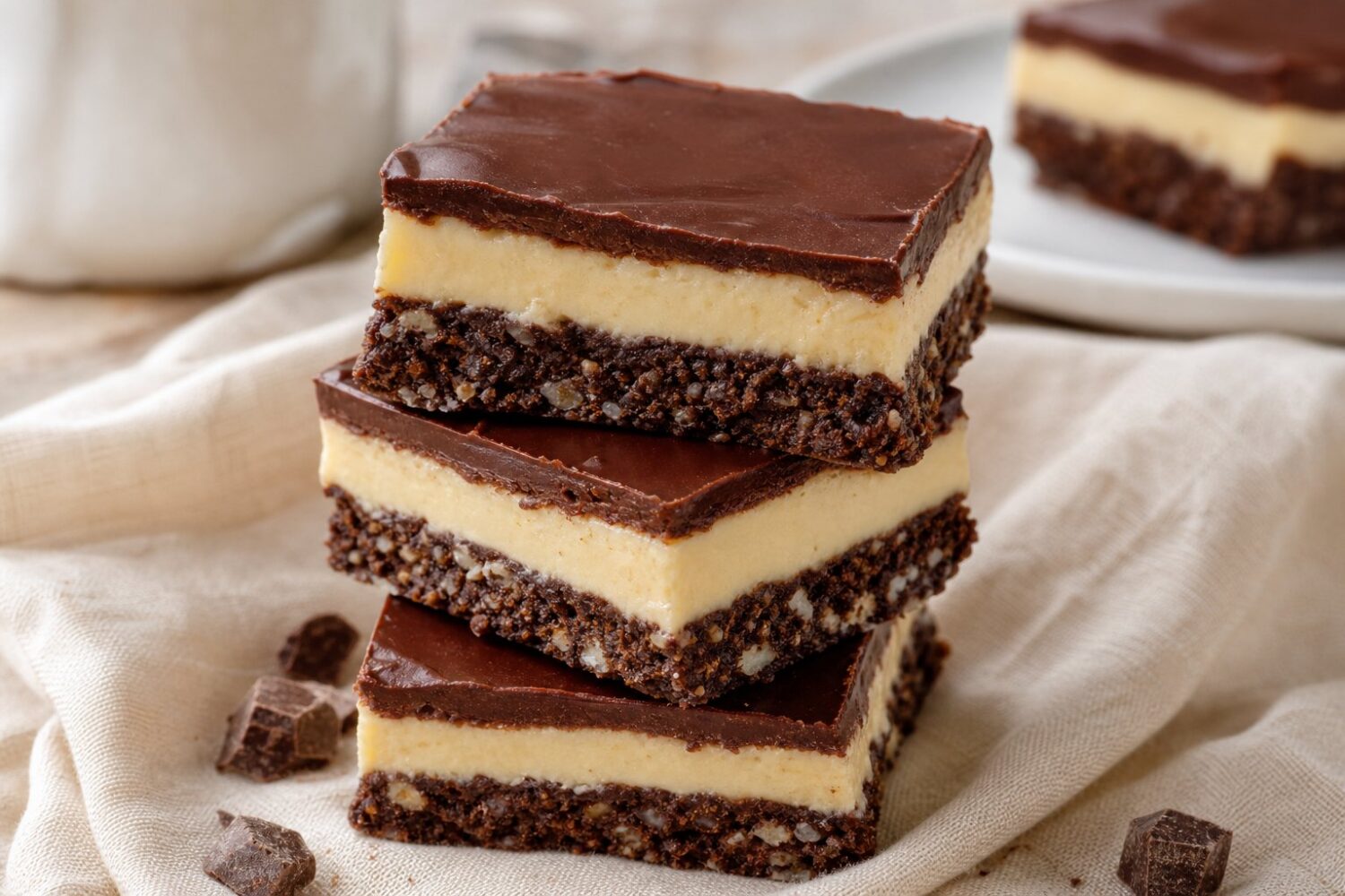 Layered protein nanaimo bars showing three layers