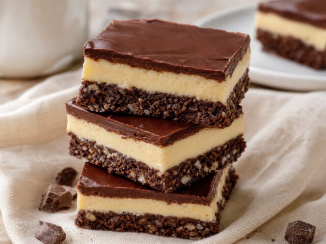 Layered protein nanaimo bars showing three layers