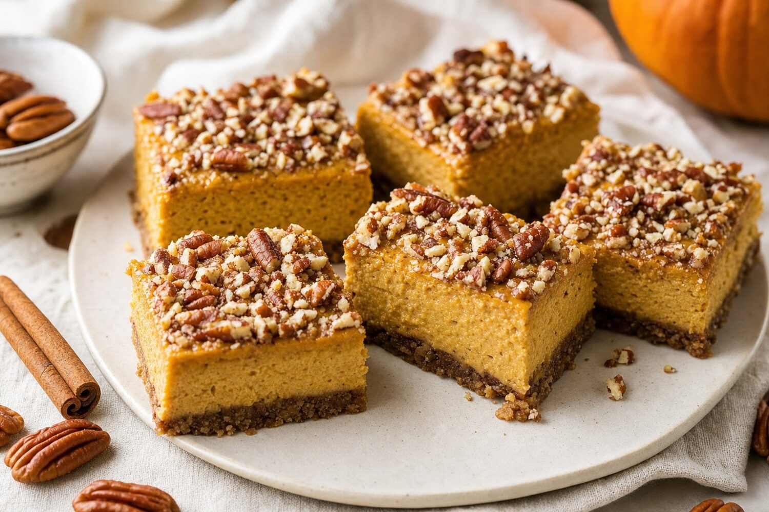 Pecan pumpkin cheesecake squares, one cut to show the filling