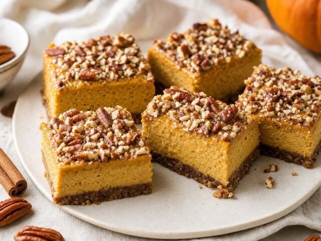 Pecan pumpkin cheesecake squares, one cut to show the filling