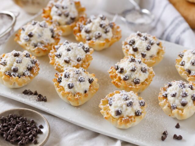 Mini phyllo cannoli cups filled with ricotta and chocolate chips
