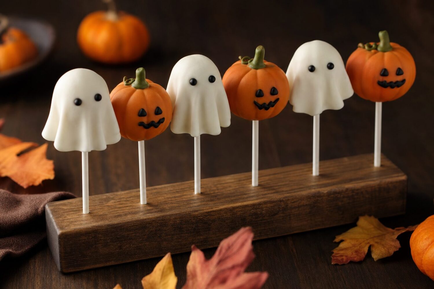 Ghost and pumpkin decorated Halloween cake pops standing in a wooden stand