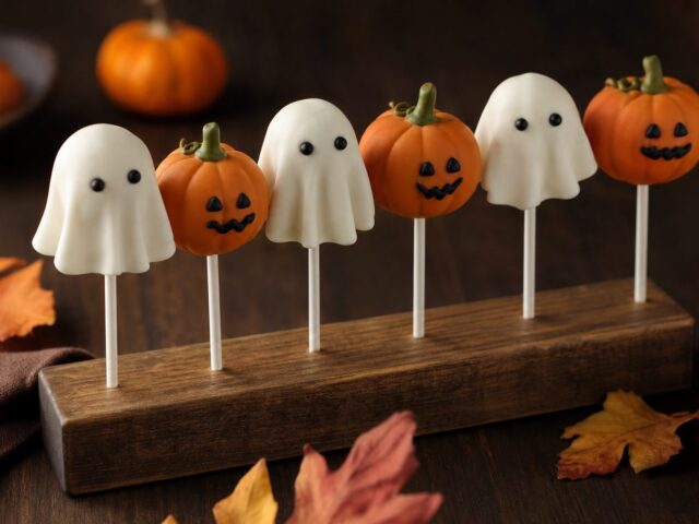 Ghost and pumpkin decorated Halloween cake pops standing in a wooden stand