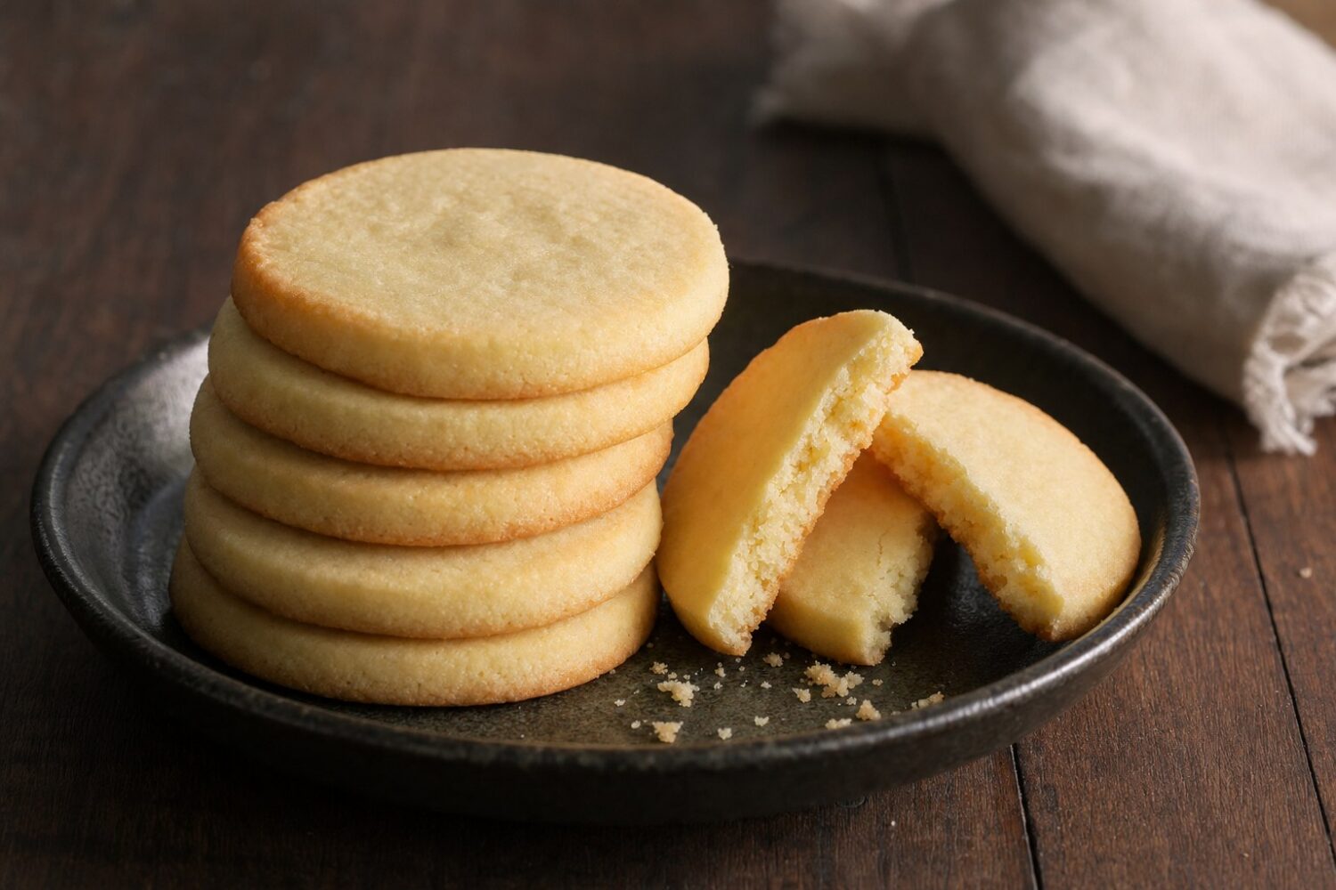 A stack of vegan sugar-free shortbread cookies, one broken in half