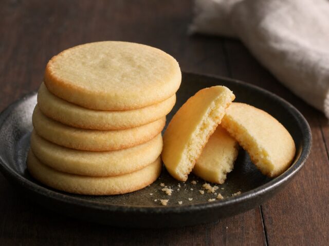 A stack of vegan sugar-free shortbread cookies, one broken in half