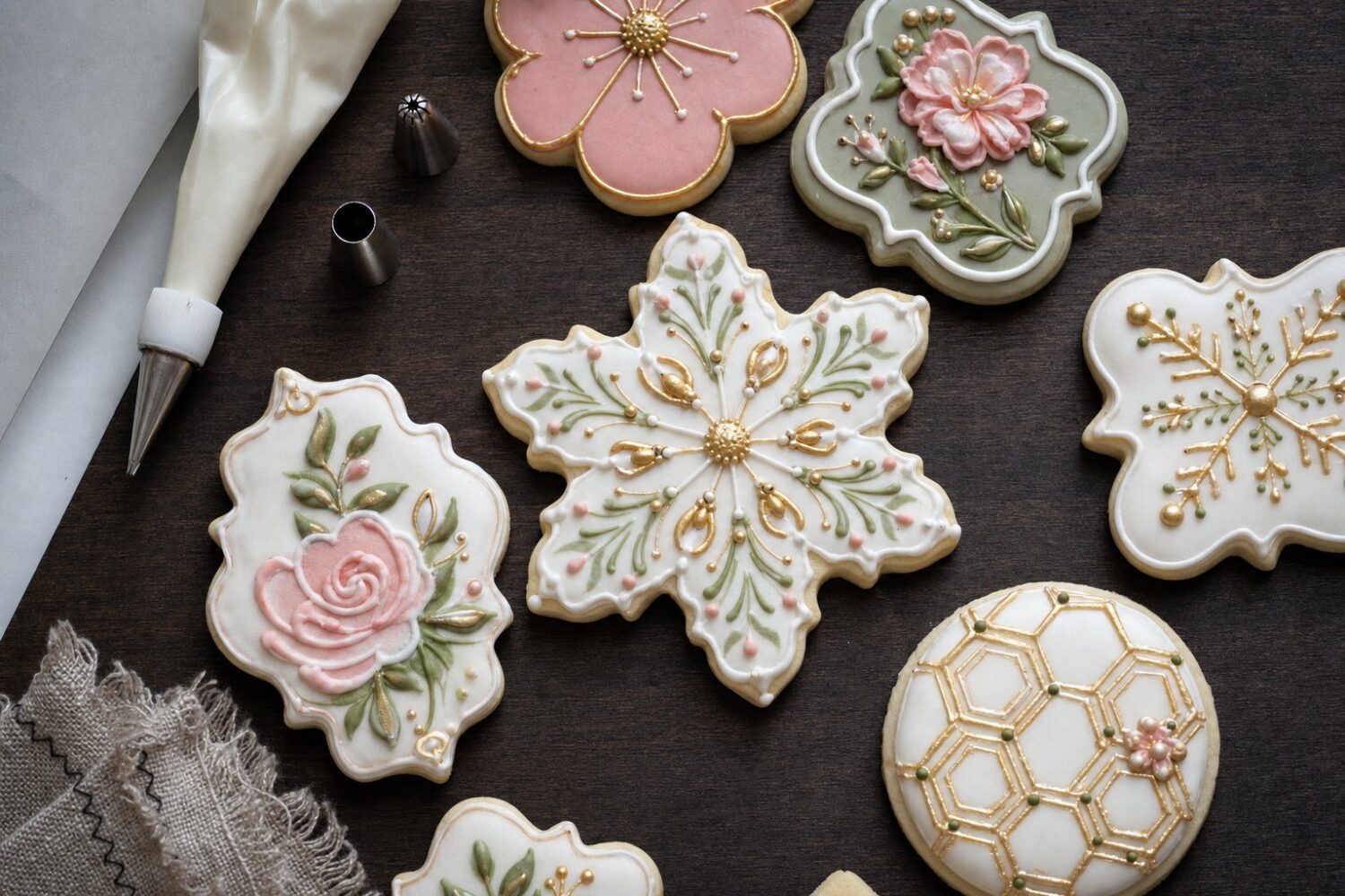 An overhead flat-lay of decorated sugar cookies with royal icing designs