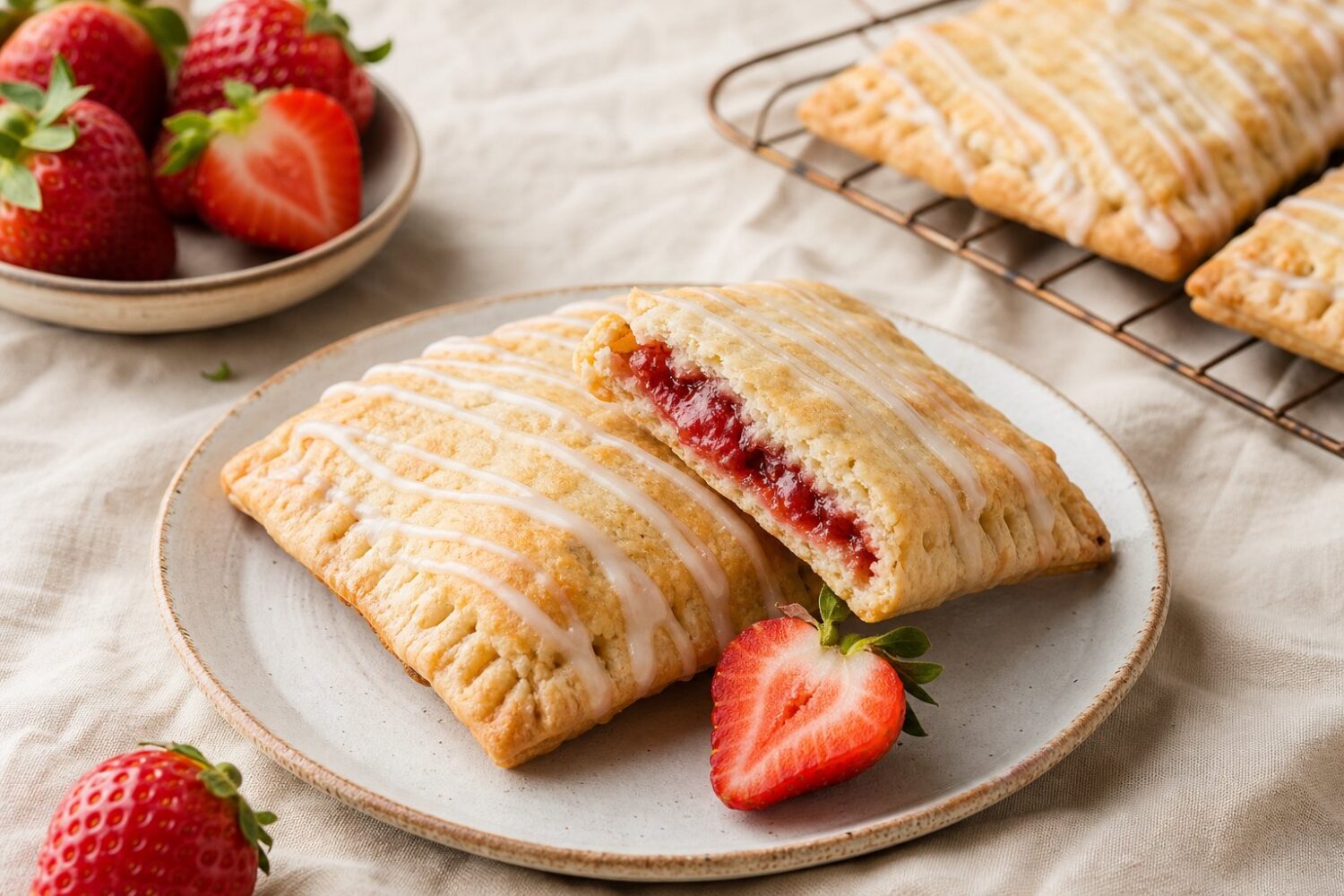 Homemade strawberry pop tarts with yogurt glaze, one broken in half