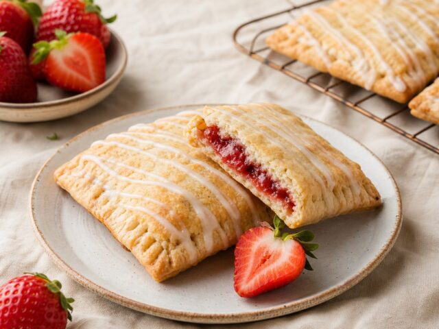 Homemade strawberry pop tarts with yogurt glaze, one broken in half