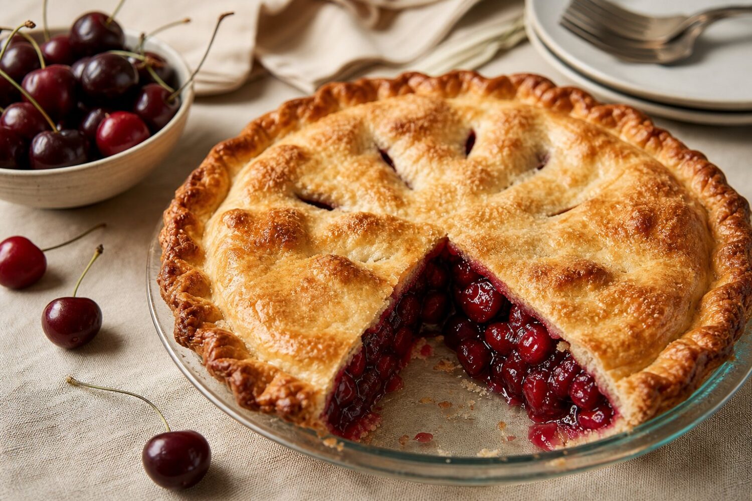 A slice of no-sugar-added cherry pie cut from the whole pie