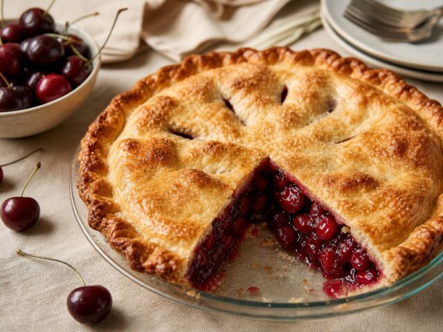 A slice of no-sugar-added cherry pie cut from the whole pie