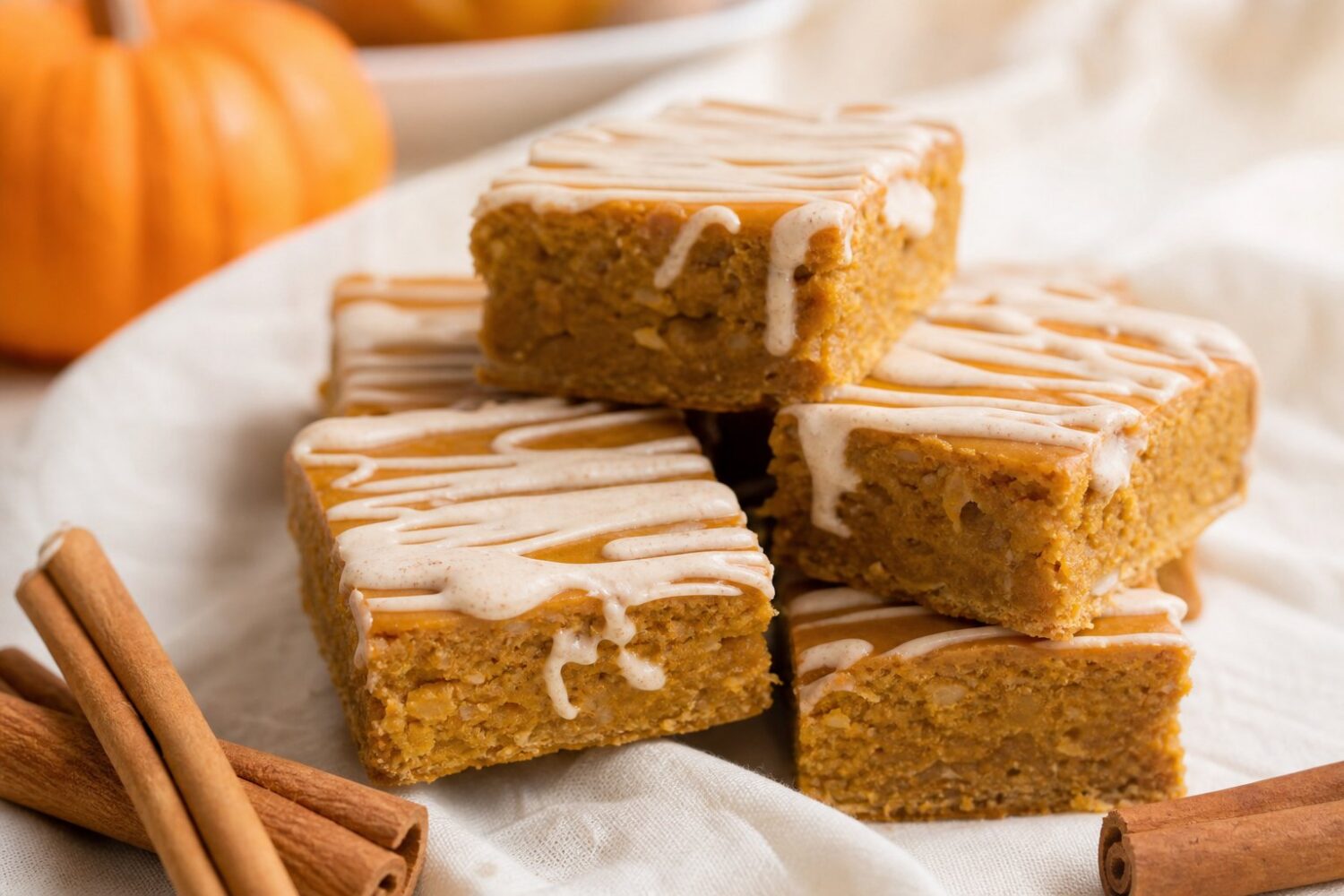 Pumpkin pie protein squares with cinnamon cream cheese drizzle