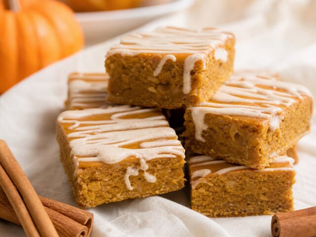 Pumpkin pie protein squares with cinnamon cream cheese drizzle