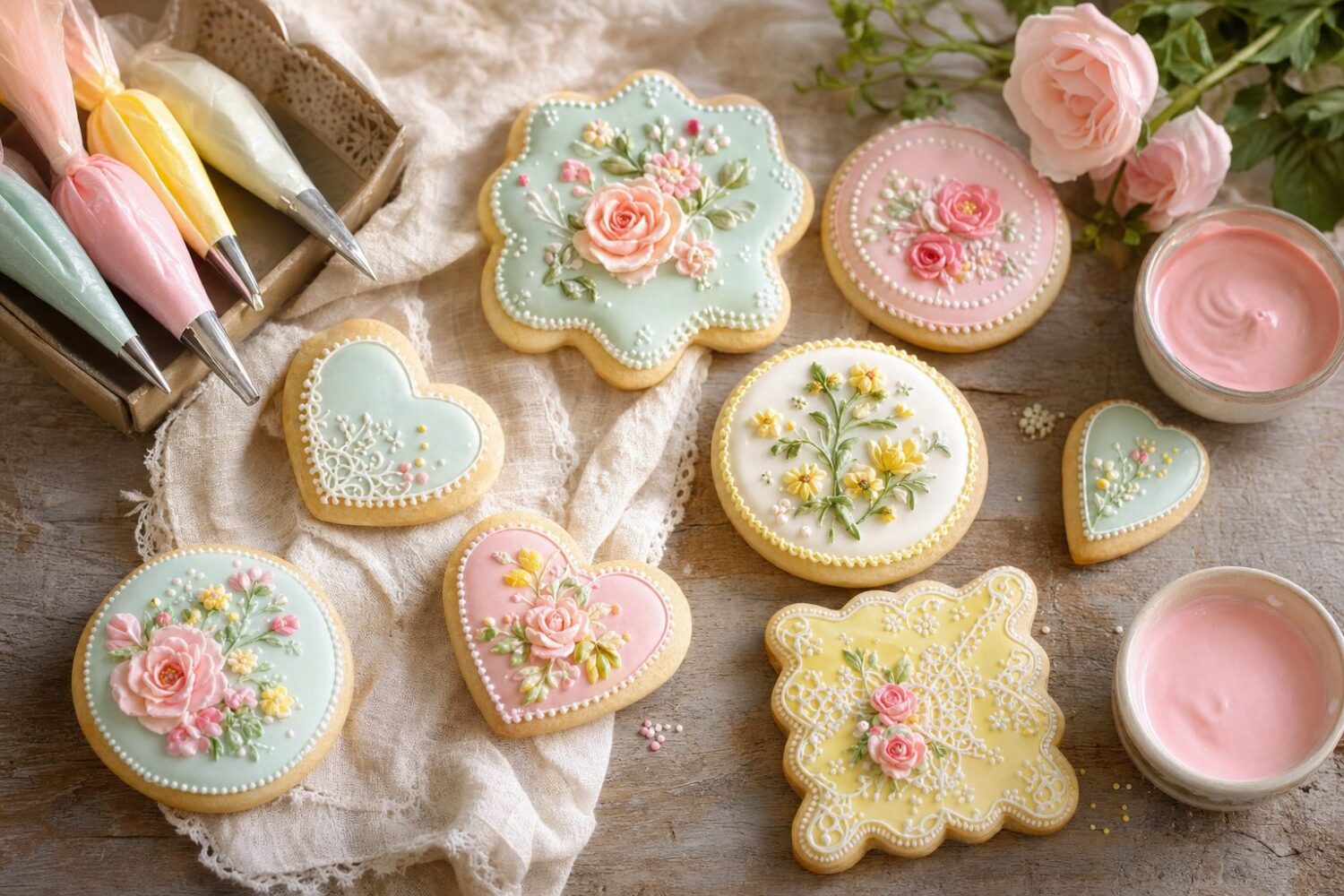 Decorated sugar cookies with pastel royal icing florals beside piping bags and bowls of icing