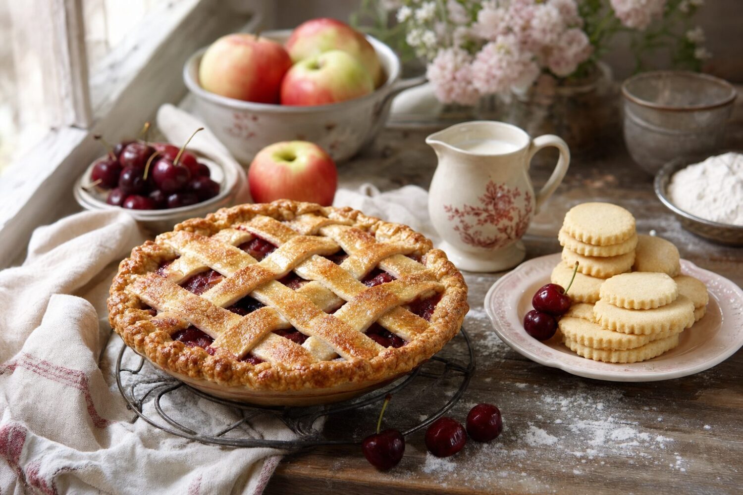 Sugar-free baking spread: lattice fruit pie cooling beside shortbread cookies, apples, and cherries