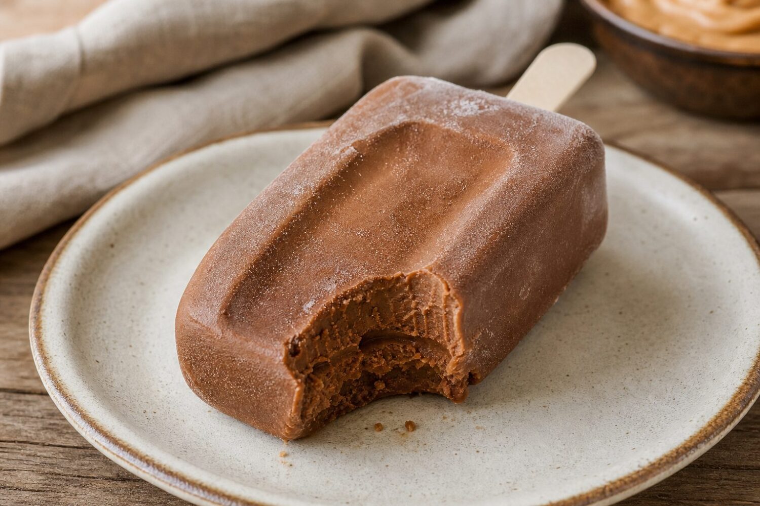 Frozen peanut butter protein fudge pop with a bite taken, showing the dense fudgy interior