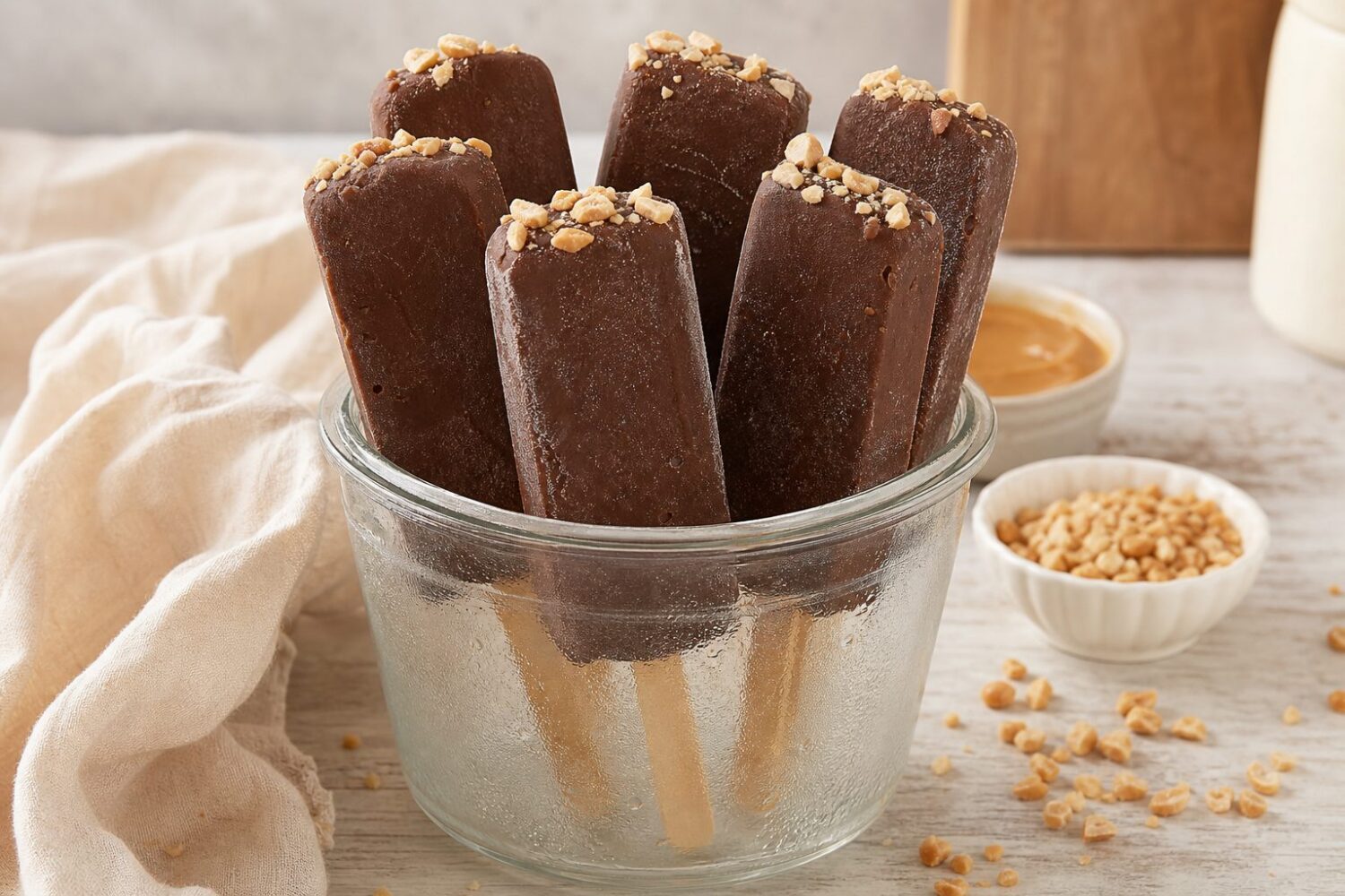 Six chocolate peanut butter protein fudge pops standing in a glass jar with chopped peanuts