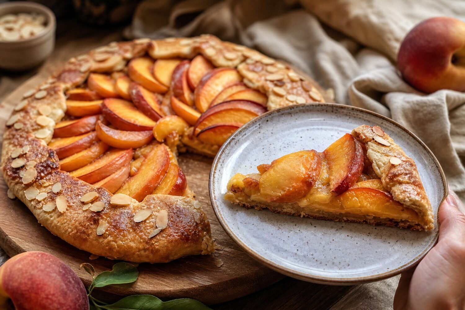 Slice of sugar-free peach galette on a plate showing the set peach filling and crisp pastry base