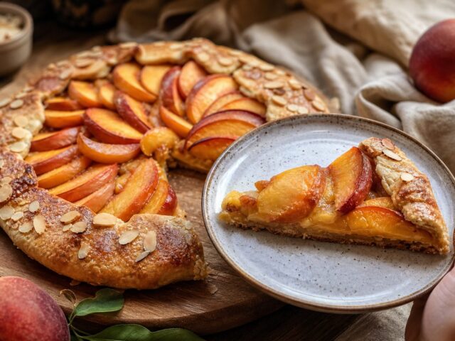 Slice of sugar-free peach galette on a plate showing the set peach filling and crisp pastry base
