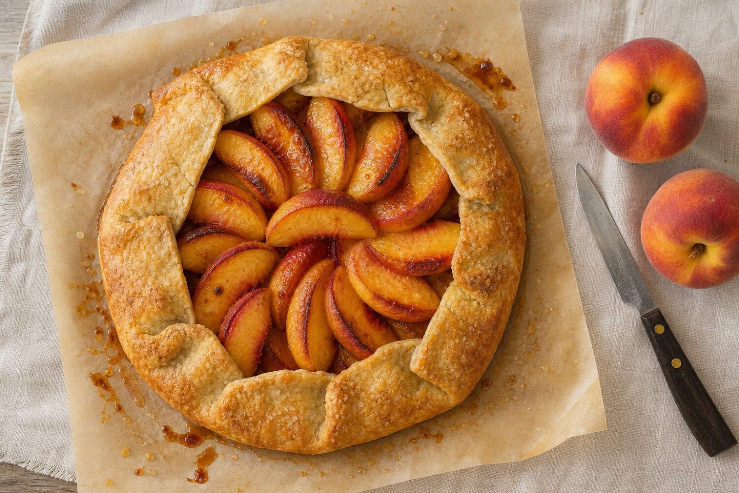 Whole rustic peach galette cooling on parchment with folded pastry pleats and fresh peaches beside it