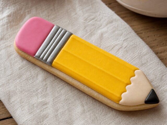 Decorated pencil sugar cookie showing four crisp royal icing bands with no colour bleed