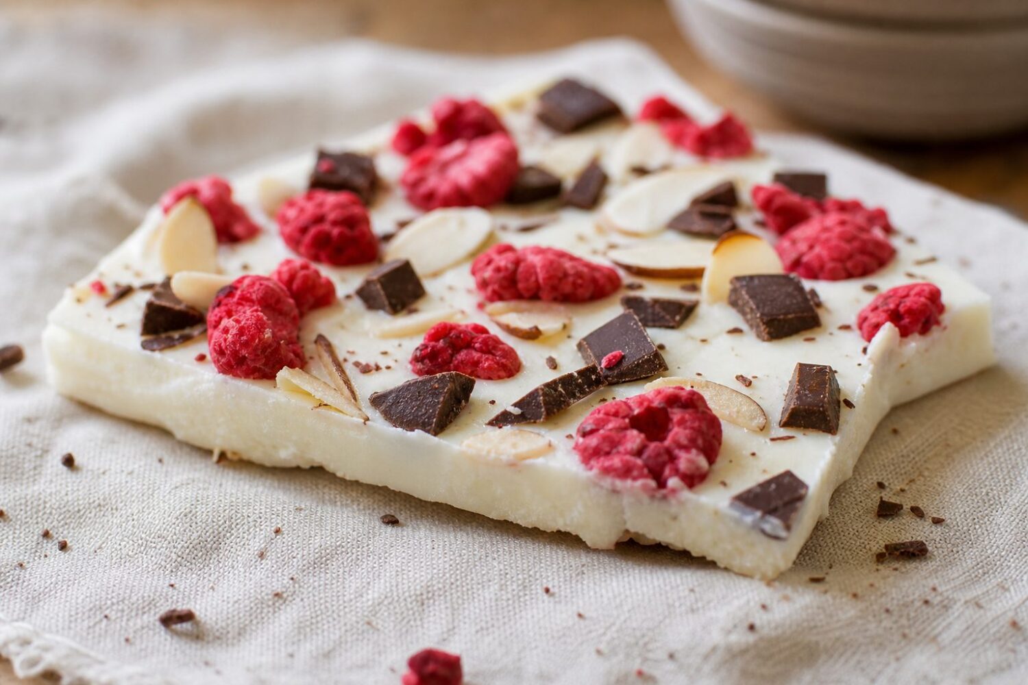 Single piece of high-protein frozen yogurt bark with a snapped edge, raspberries and dark chocolate on top