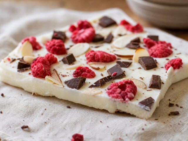 Single piece of high-protein frozen yogurt bark with a snapped edge, raspberries and dark chocolate on top