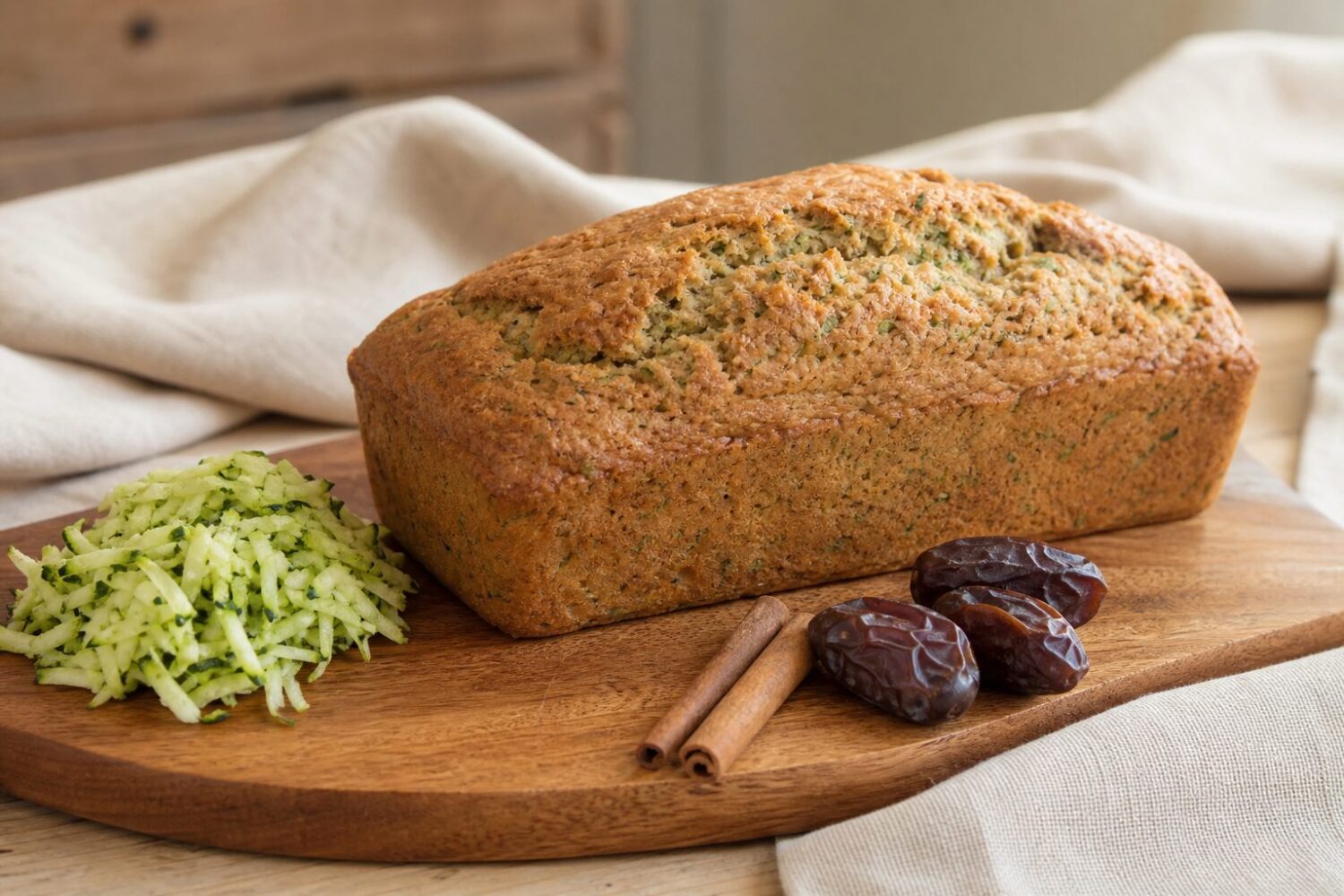 Whole loaf of sugar-free zucchini bread on a wooden board with grated zucchini, cinnamon and dates